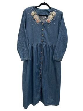 VTG Dimension Denim Maxi Dress Embroidered Floral Pearl Stud One Size USA Made
